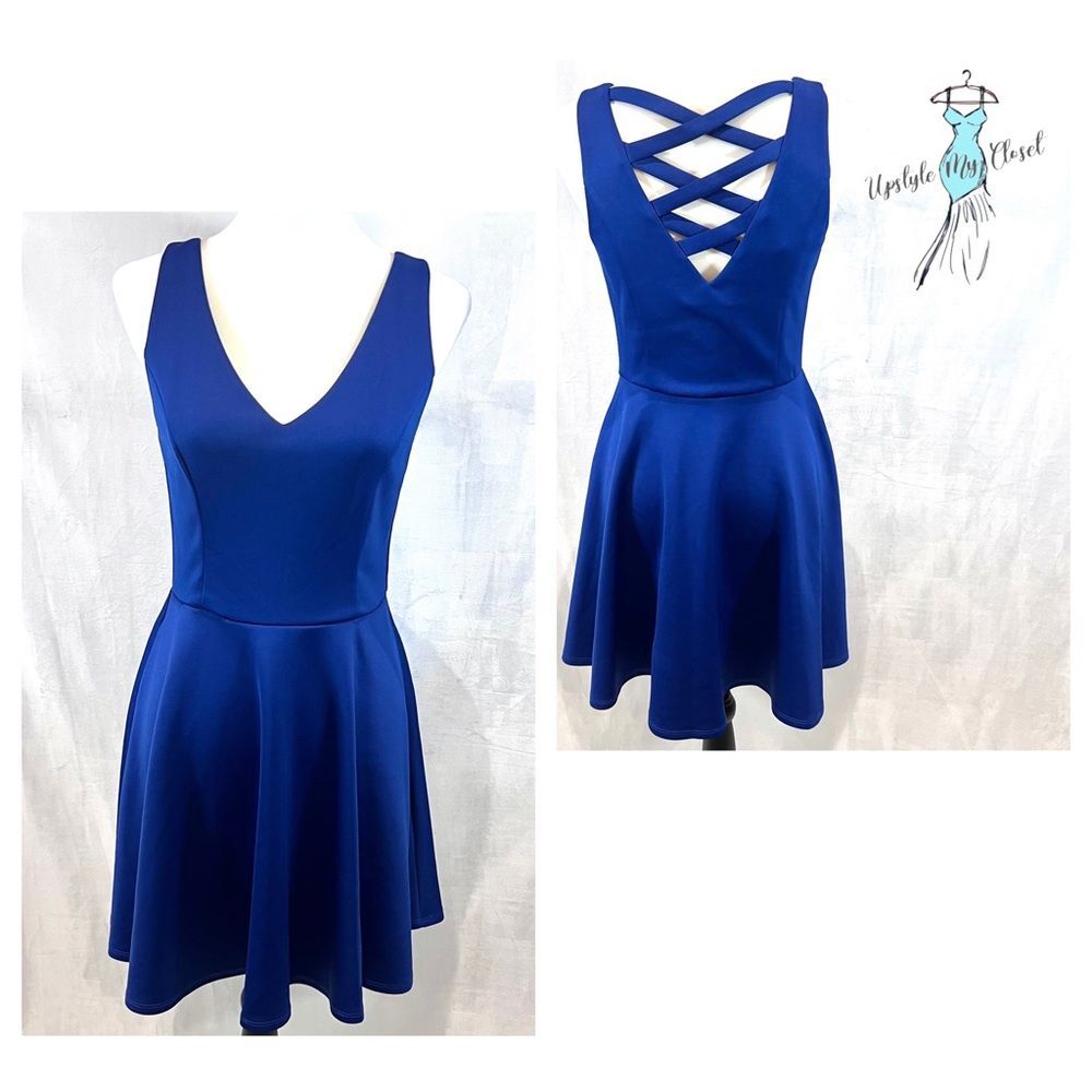Royal blue vneck fit and flare cross back dress size medium